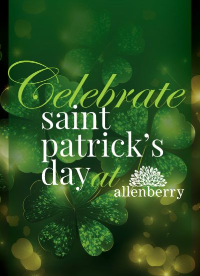 Celebrate Saint Patrick's Day at Allenberry. Green clovers and bokeh lights.