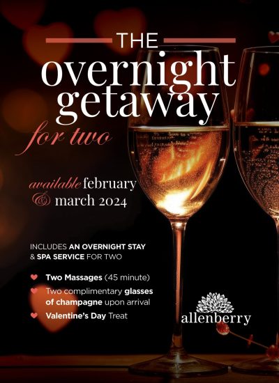 The Overnight Getaway for Two, available February & March 2024. Includes an overnight stay & spa service for two. Two 45 minute massages, two complimentary classes of champagne upon arrival, and a Valentine's Day treat.