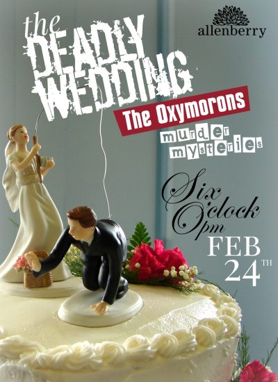 A cake with a topper of the bride reeling in the groom with a fishing pole. The Deadly Weddding: A murder mystery, performed by the Oxymorons at 6pm on February 24.